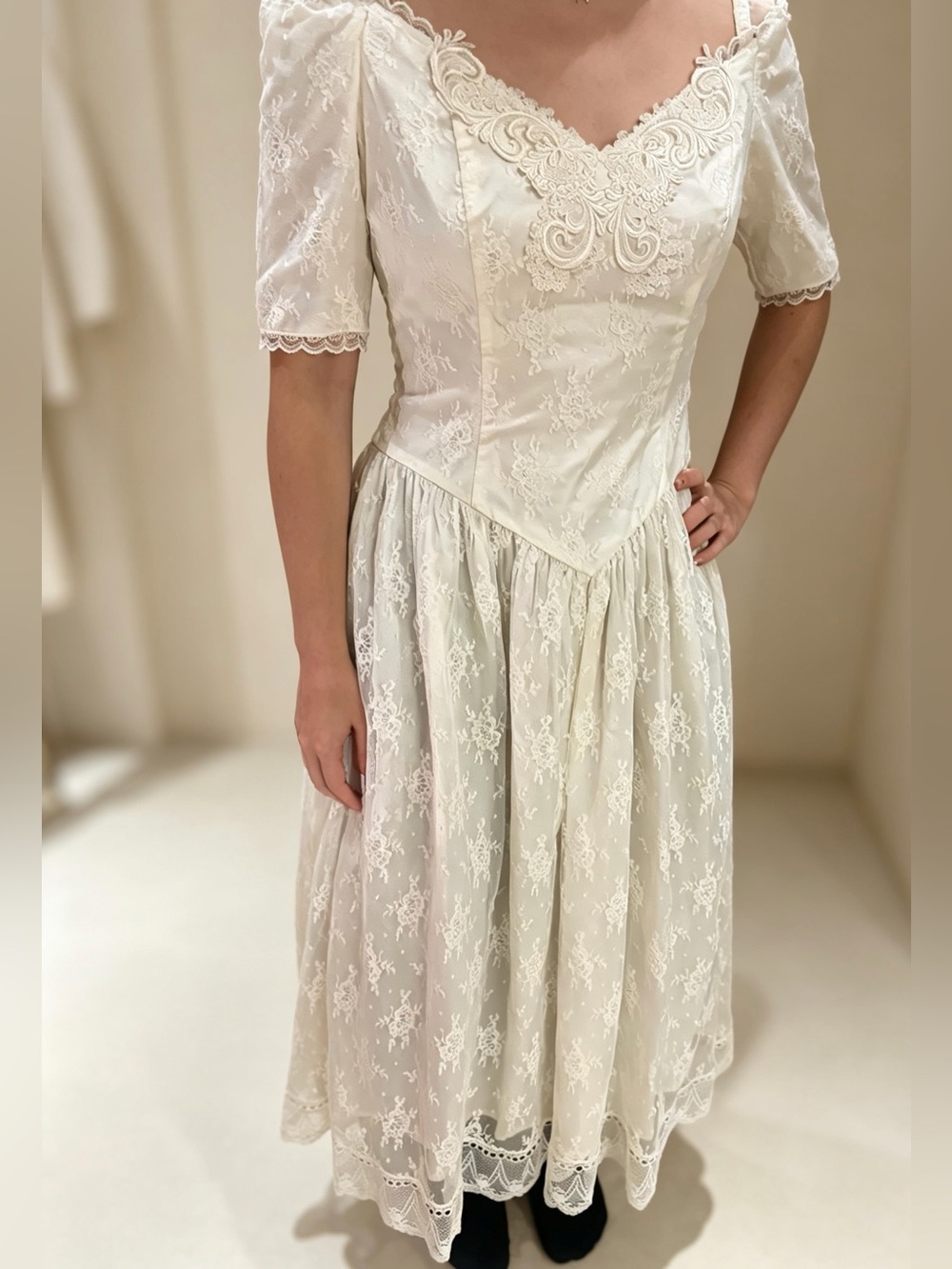 Vintage Gunne Sax Blue Label Off Shoulder Lace Midi Dress Size 11 Made in USA